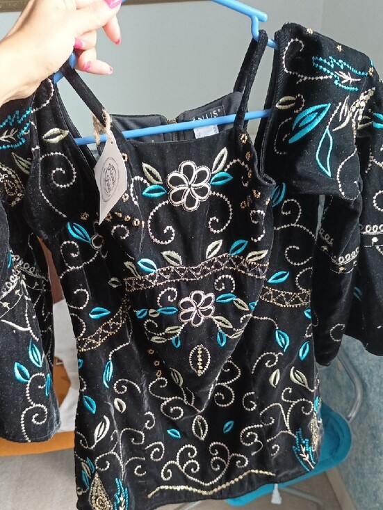 VENUS Tops - Black Embroidered Velvet Tunic Top with Teal Accents
